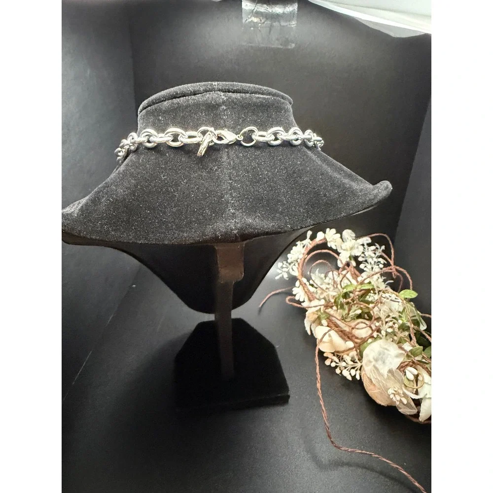 Silver Tone Mixed Media Statement Necklace Marbled Beads Artisan Boho Chunky
